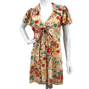 Vintage 70s Floral Puff Sleeve Dress Beige‎ Multicolor Size 9 With Tie Front